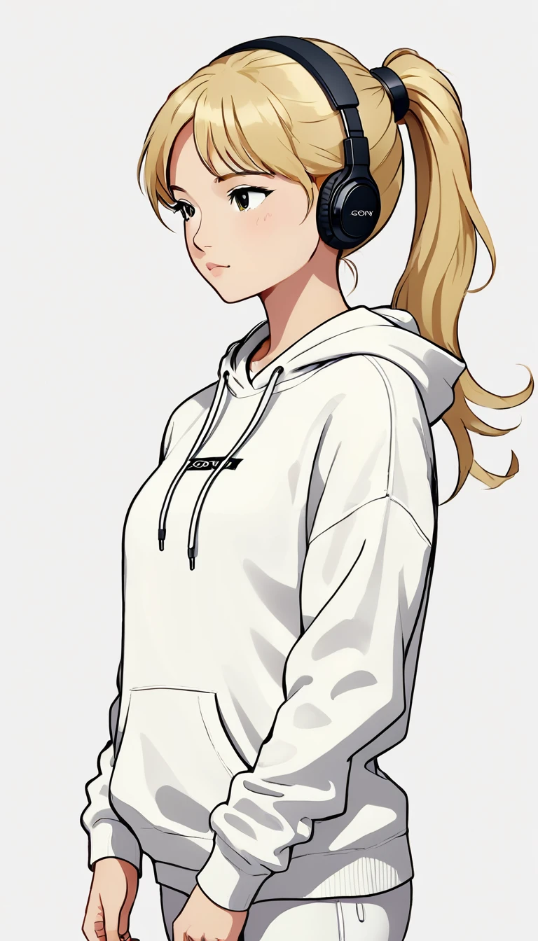 Headphones、Sony、Blonde、ponytail、White hoodie、Upper Body、Simple Background、Girl、
