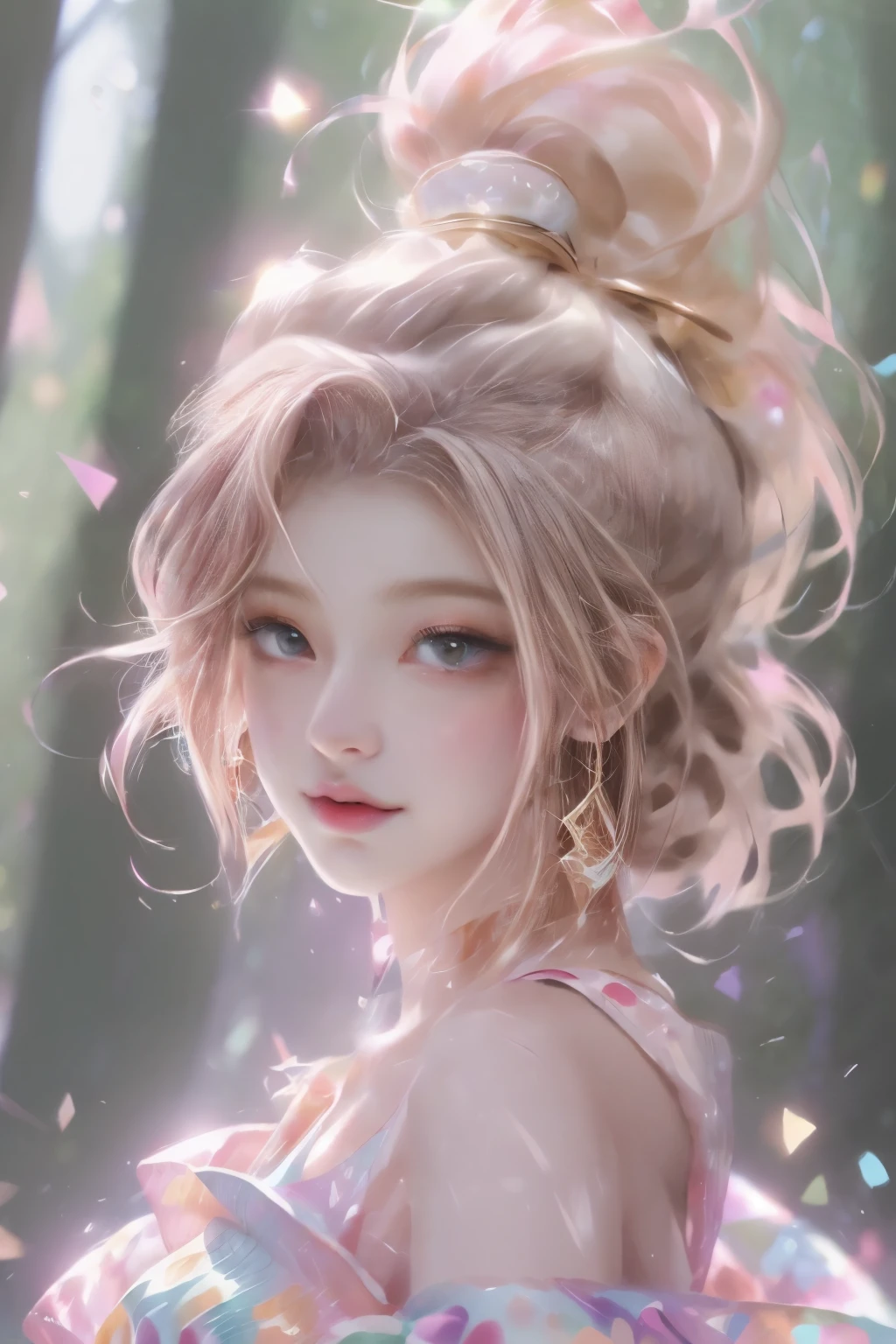 Nashida (masterpiece), (best quality), (Extremely detailed),(Messy hair),(illustration), (1 Girl), Beautiful and delicate eyes,Delicate and beautiful face,floating,(High Saturation),(Colorful splash),Colored bubbles,(shining),Focus on the face, Walking in a forest full of colorful mushrooms