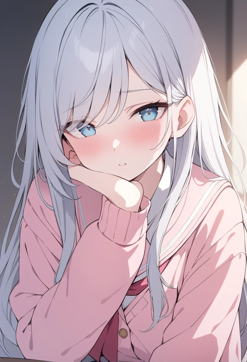 closeup-face,masterpiece,best quality,4k,8k,girl,woman,female,long hair, (silver hair),swept bangs,Lightblue eye,pink school uniform,pink cardigan,