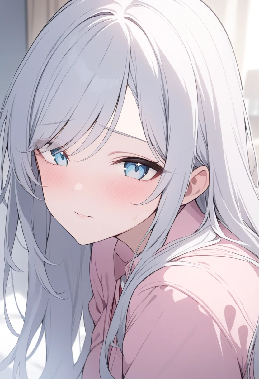 closeup-face,masterpiece,best quality,4k,8k,girl,woman,female,long hair, (silver hair),swept bangs,Lightblue eye,pink school uniform,pink cardigan,