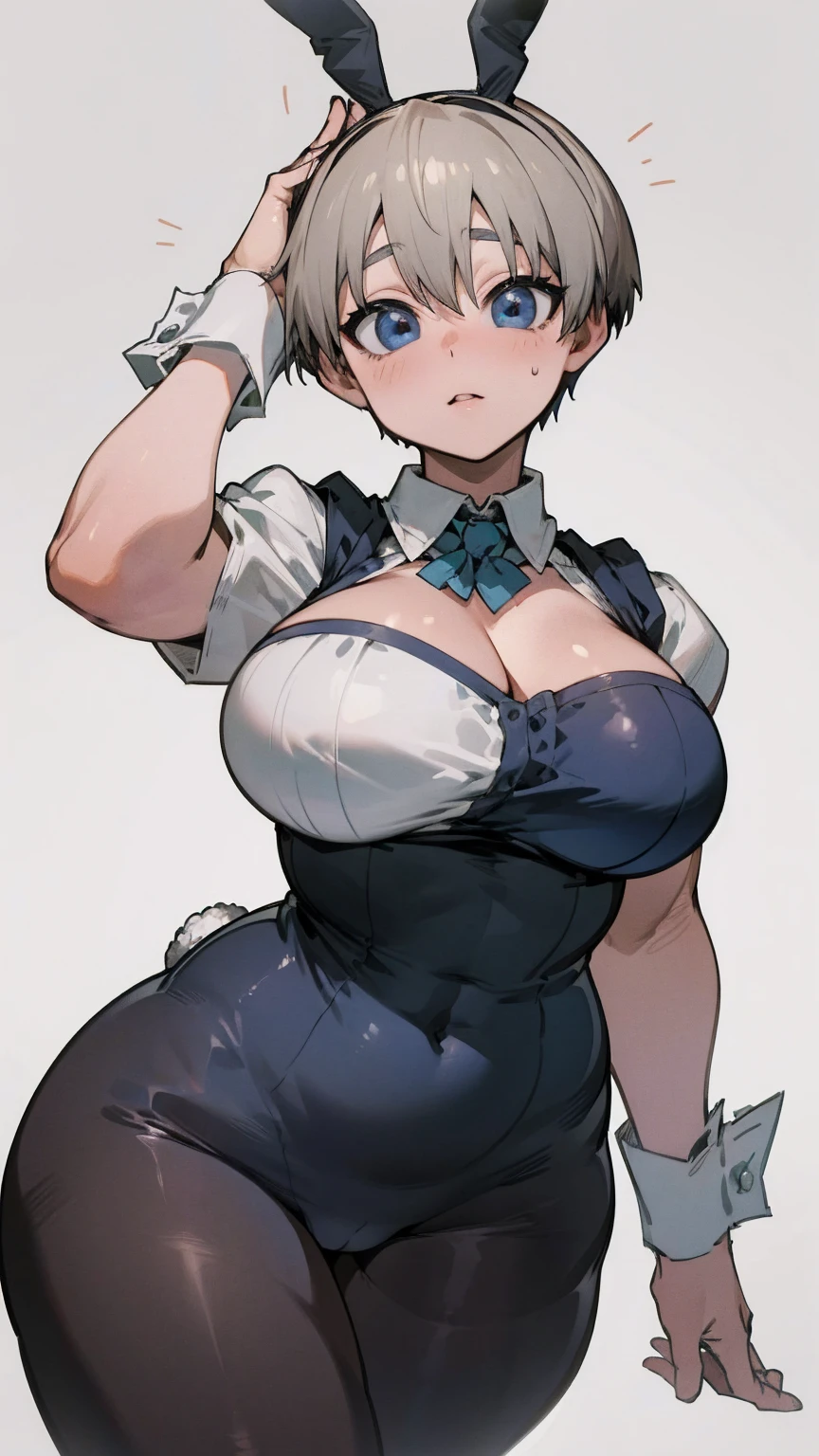 masterpiece, best quality, ultra-detailed, Potrait of beautiful , (chubby) (muscular), (plump), (sexly), (cleavage), ((tomboy)), (アニメ), (Breasts), (Plump), ((very short hair)), ((Uzaki Hana)), (overweight), (Gray Hair) (Wearing black tights), ((Saggy breasts)), (blue eyes), (Short Hair), (blue eyes), ((thick)), (bunny girl), (fullbody), (Bunny ears)