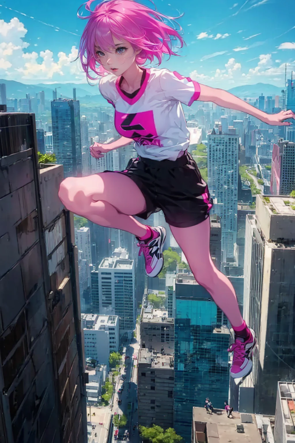 1girl,solo,cool,sporty,casual fashion,pink hair and short hair,black sneaker,big bust,jumping,building to building,sky,parkour,dynamic,from above,from the front,high angle