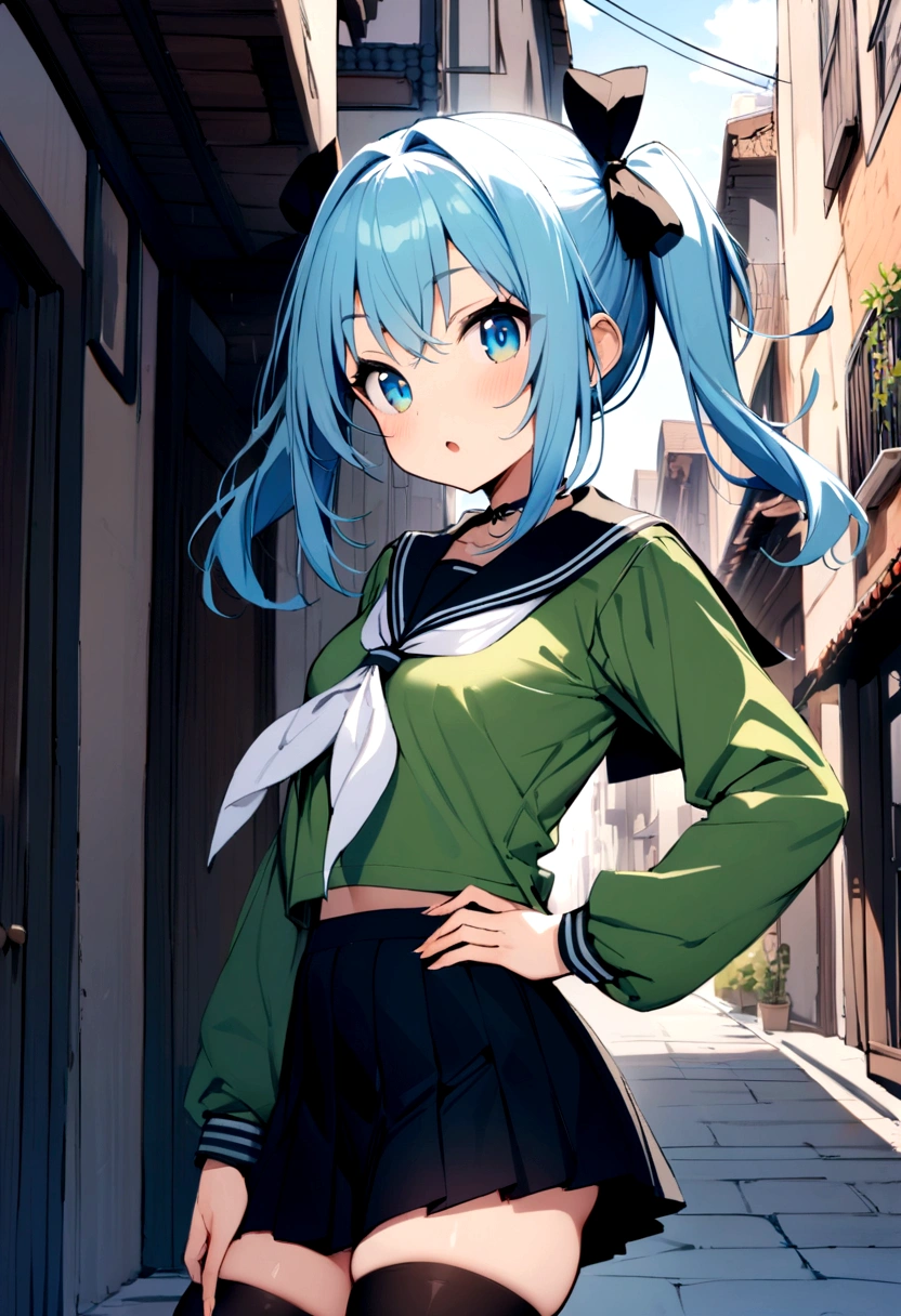 (masterpiece,best quality, detailed), 1girl, solo, outdoors, day, street, hand on hip, :o, from side, looking at viewer,
mizuki yukikaze, hair ribbon, , green shirt, serafuku, pleated skirt, black skirt, black thighhighs, (white neckerchief), long sleeves,