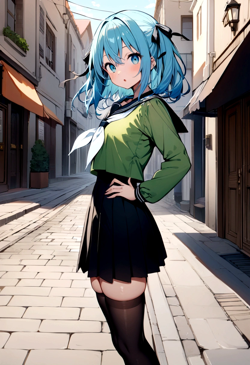 1 girl, standing alone, gazing at viewer,
ononokiyotsugi, water hair, shorth hair, greeneyes, twintails, Thick eyebrows, 
striped pantyhose, blue and gray pantyhose, transparent latexs, Wearing orange transparent fabrics  (70% traparity), (NSFW), highest fabric material, 8K performance of the fabric, rendering by physics engine calculations)::1.96. (high qualiy, detailed CG art), (lindo illumination and shadow, floating effect) ,don, orange don, throat of a branch turtle, white frills, ha, puff sleeves, manga curta, transparentes, degree of transparency 50%) ,ssmile , adorable face , cowboy shot, About KelvinHiuArt ,flat-colors, ,outline,
Garden, trees, close up,
unexpressive, cloused mouth,