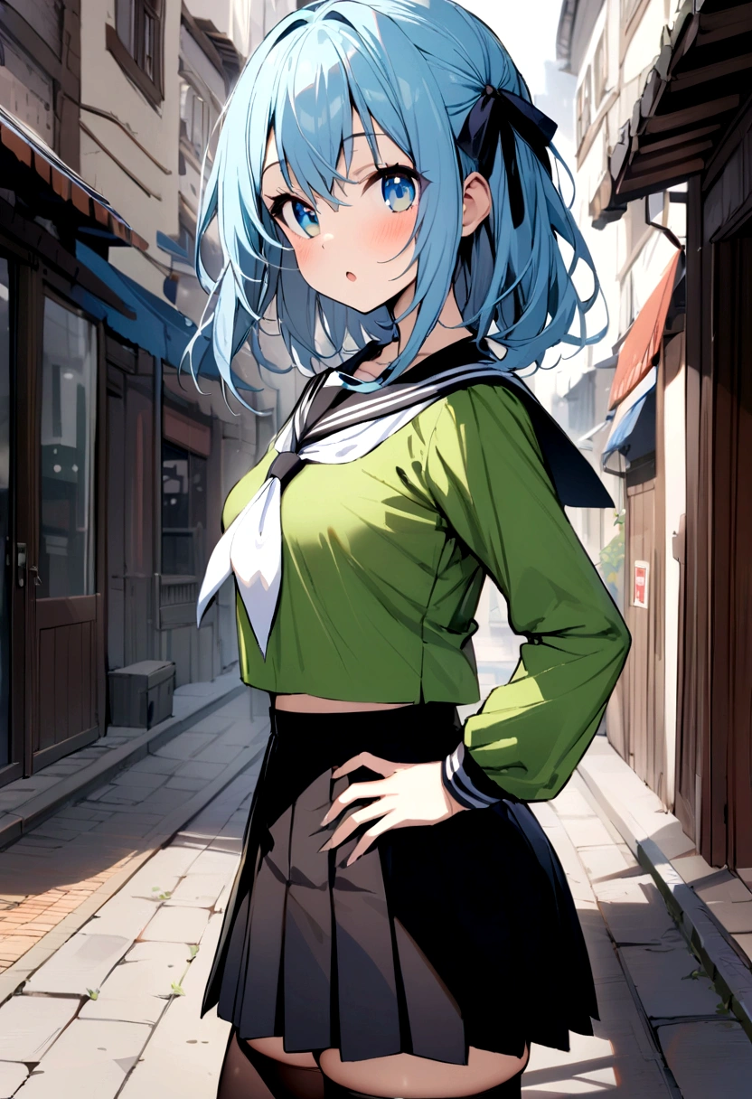 (masterpiece,best quality, detailed), 1girl, solo, outdoors, day, street, hand on hip, :o, from side, looking at viewer,
mizuki yukikaze, hair ribbon, , green shirt, serafuku, pleated skirt, black skirt, black thighhighs, (white neckerchief), long sleeves,