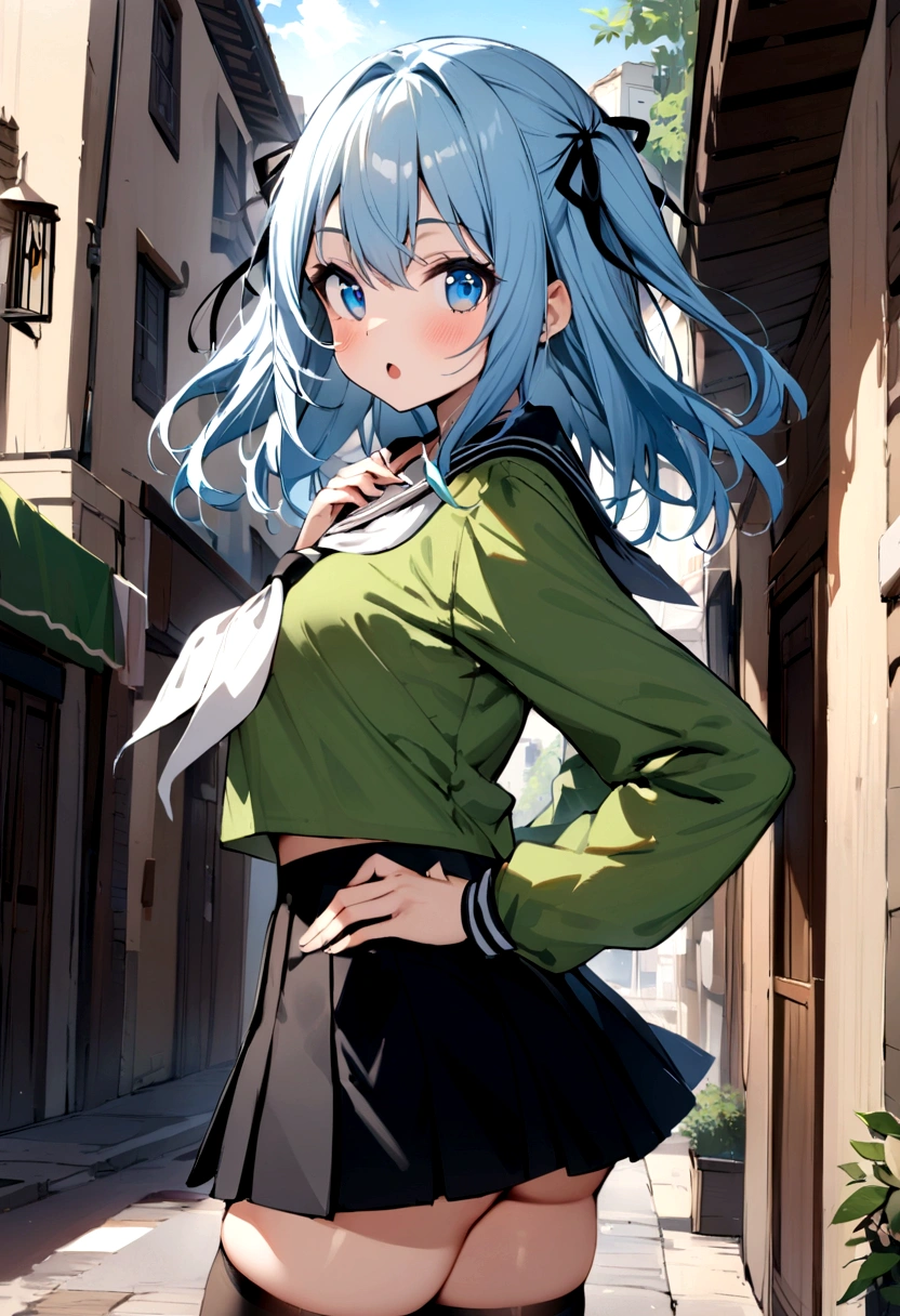 (masterpiece,best quality, detailed), 1girl, solo, outdoors, day, street, hand on hip, :o, from side, looking at viewer,
mizuki yukikaze, hair ribbon, , green shirt, serafuku, pleated skirt, black skirt, black thighhighs, (white neckerchief), long sleeves,