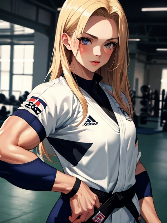 muscle, Beauty, judo, Athlete, android18Number, (masterpiece), highest quality, 1girl, uhd, retina, masterpiece, ccurate, anatomically correct, textured skin, super detail, high details, high quality, best quality, highres, 4K