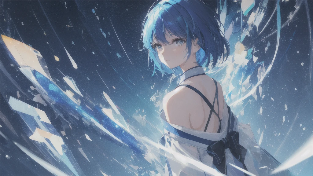 masterpiece, Highest quality, (Alexio:1.5), (Brush strokes, oil \(Moderate\):0.9), A girl with short blue hair, whole body、Night Sky、star、流star、Siriuonochrome:0.6), Abstract, Abstract background, Blue Theme, Backlight, Portraiture, (Blurred:1), (Glitch:1.1), eye