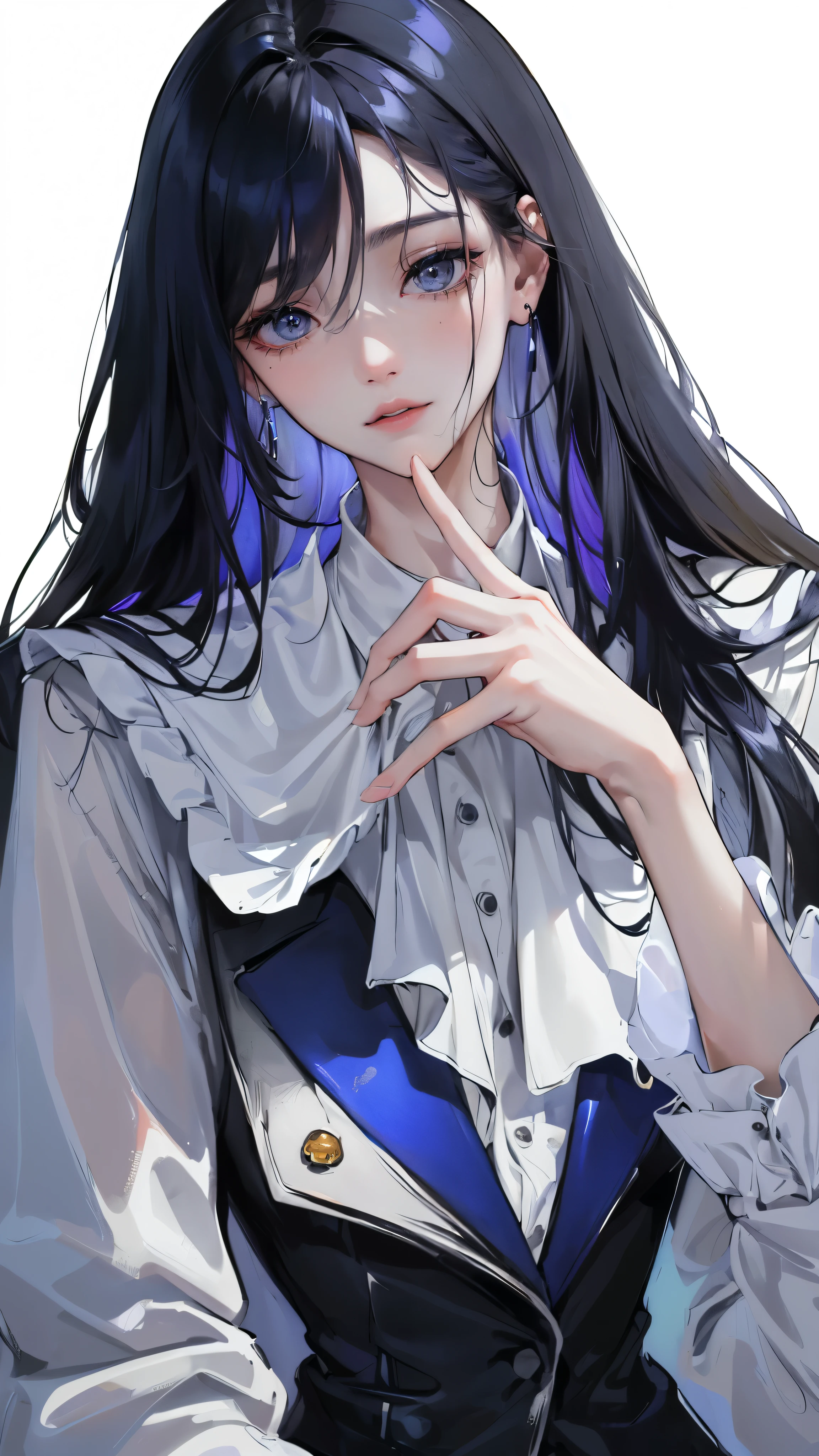 (Top resolution、Distinct_image)top-quality、femele、​masterpiece、highly detailed、Semi-realistic、grey eyes、18year old、young、Exquisite facial features、Facial features、unique hairstyle, variations, potrait, white background,   dark blue hair , long straight hairstyles, wear black suits, Mafia , dark blue hair