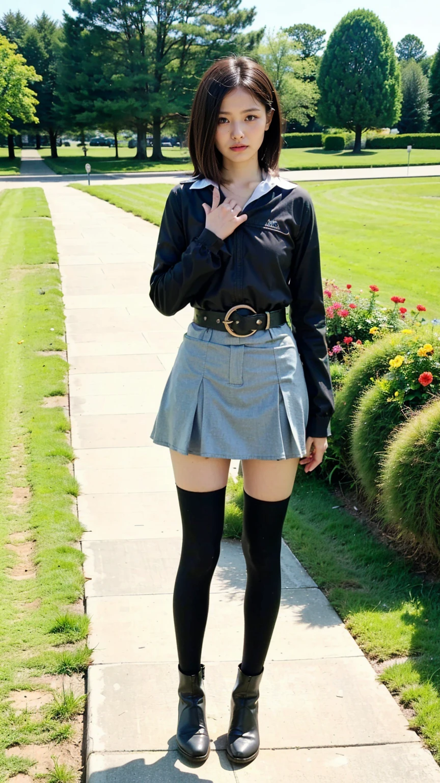 (8K、RAW Photos、Highest quality、masterpiece:1.2)、(Realistic、Realistic)、1 Girl、((Check mini skirt、black、Thin legs、whole body、boots、one piece、tights、garden、View from the front、Looking into the camera、belt、Stand with hands on hips))、cute
