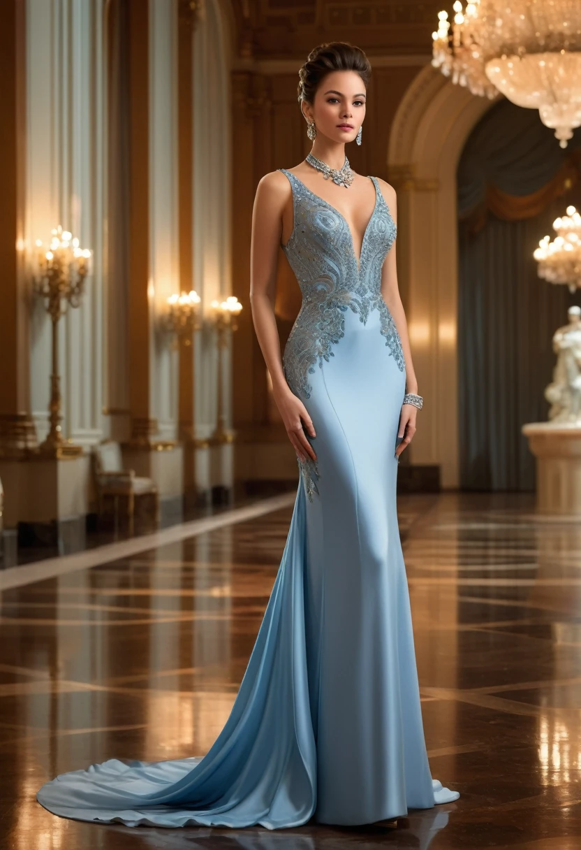 Full length"A young woman in a beautiful and elegant light blue evening gown at a formal event. She is wearing a uniquely designed and stunning dress, complemented by luxurious jewelry and accessories. The background features a grand and lavish hall with warm, inviting lighting, showcasing a scene of splendor and beauty."