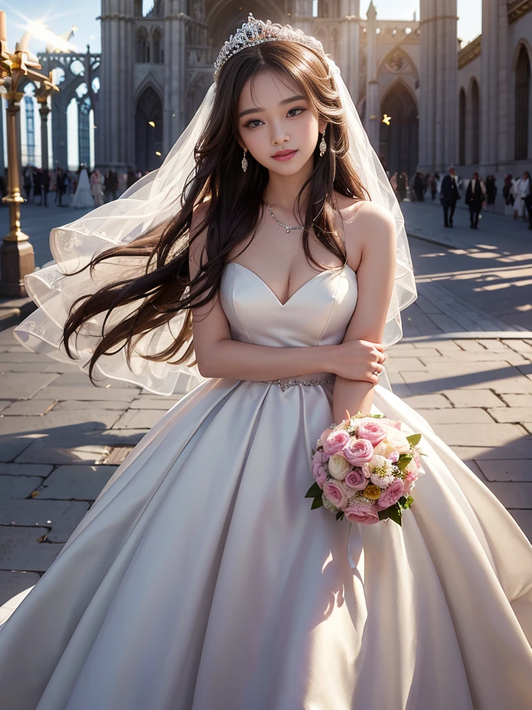 best quality, masterpiece, 1 girl, 5 fingers, long hair, huge laugh, cute , shiny lips, sweet, sun glare, Conservative attire, wedding dress, bridal tiara, depth of field, blurred background, Cathedral Background, light particles, strong wind, head tilt
