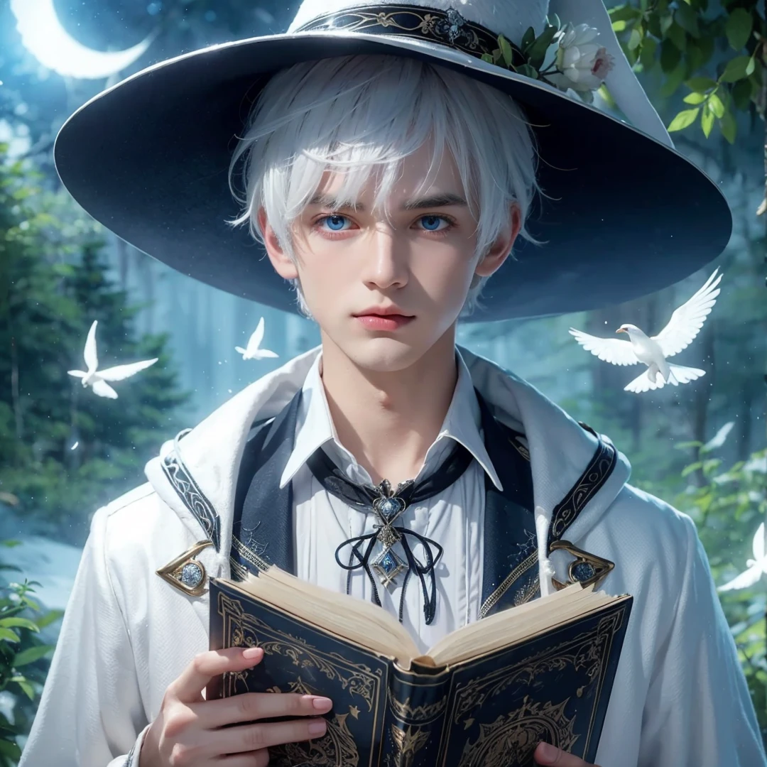 Handsome boy, white hair, blue eyes, wearing white witch hat, wearing white witch clothes, holding a white magic book, magic forest background