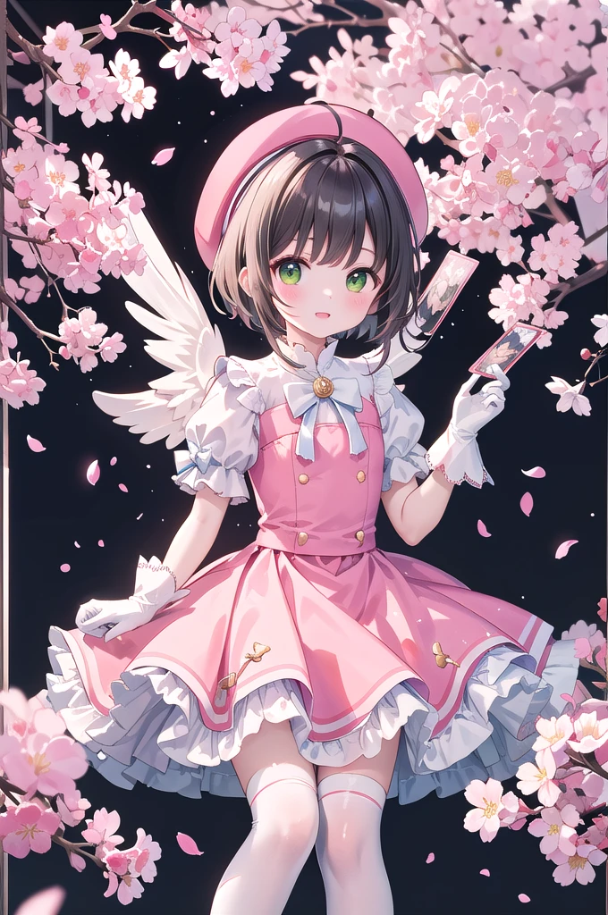 (masterpiece, Highest quality, detailed:1.3),(photograph:1.3), HD transparent background, High Detail, 1 Girl,pretty girl、cute、View your viewers、cardキャプター_cherry blossoms、10 years old、young、short hair, Antenna Hair, Green Eyes, Frills, Puff short sleeves, White gloves, White knee socks, wing, jump, null, wing、wing、白いwing、Pink and white dress,cherry blossoms、青null、card、Pink hat