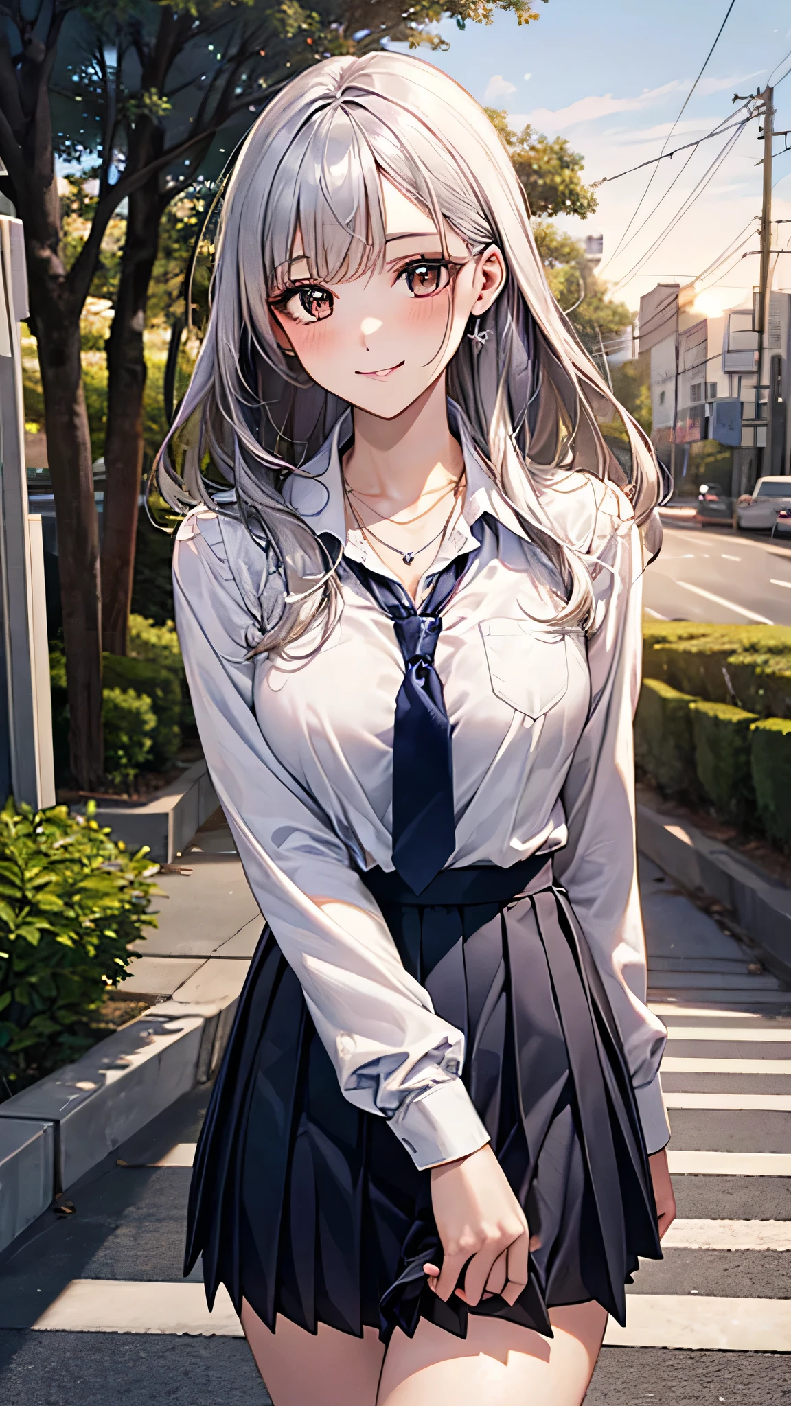 ((Highest quality, High resolution, masterpiece, detailed)),
Cowboy Shot, Written boundary depth, View your audience, Anatomically correct, 1people, woman, Perfect Face, Cute and symmetrical face, Shiny skin,
(Long Hair, Silver Hair), Chestnut brown eyes, (Large Breasts:0.8),
Beautiful details, Beautiful Hair, Beautiful Face, Beautiful clavicle, Beautiful body, Beautiful breasts, Beautiful thighs, Beautiful feet,
(Collared shirt, Navy blue short pleated skirt, tie, necklace),
(Beautiful views), evening, summer, walk, Tree-lined street, (Cute Smile),