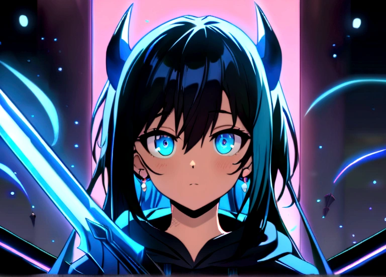 (masterpiece:1.2、highest quality), (Exquisite eyes: 1.2), (Detailed Background、Dark fantasy), (beauty detailed face), High Contrast, (Best lighting、Very delicate and beauty), ((Cinema Lighting) )), colorful, Hyper Detail, Dramatic Light, Intricate details, (1 boy, scruffy black hair, bangs, Blue eyes, moon, dark night, long earrings, black hoodie, blue demon horns, blue great sword on the back, looking at viewer, upper body), Black light swirling around the character, Depth of written boundary, black light particles, Nightcore, Spectacular anime style, zerochan art, Anime Wallpaper, Burning, High quality anime art style, Key Anime Art