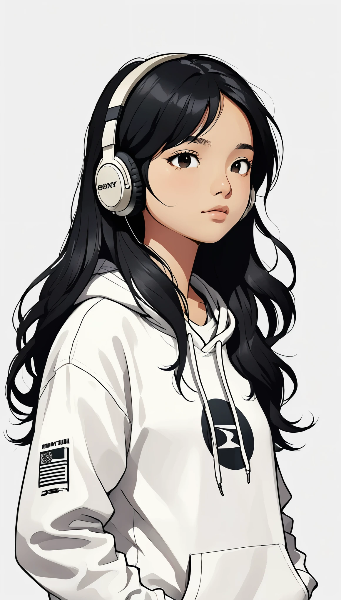 Headphones、Sony、Black Hair、Indian、Close ~ eyes、White hoodie、Upper Body、Simple Background、Girl、