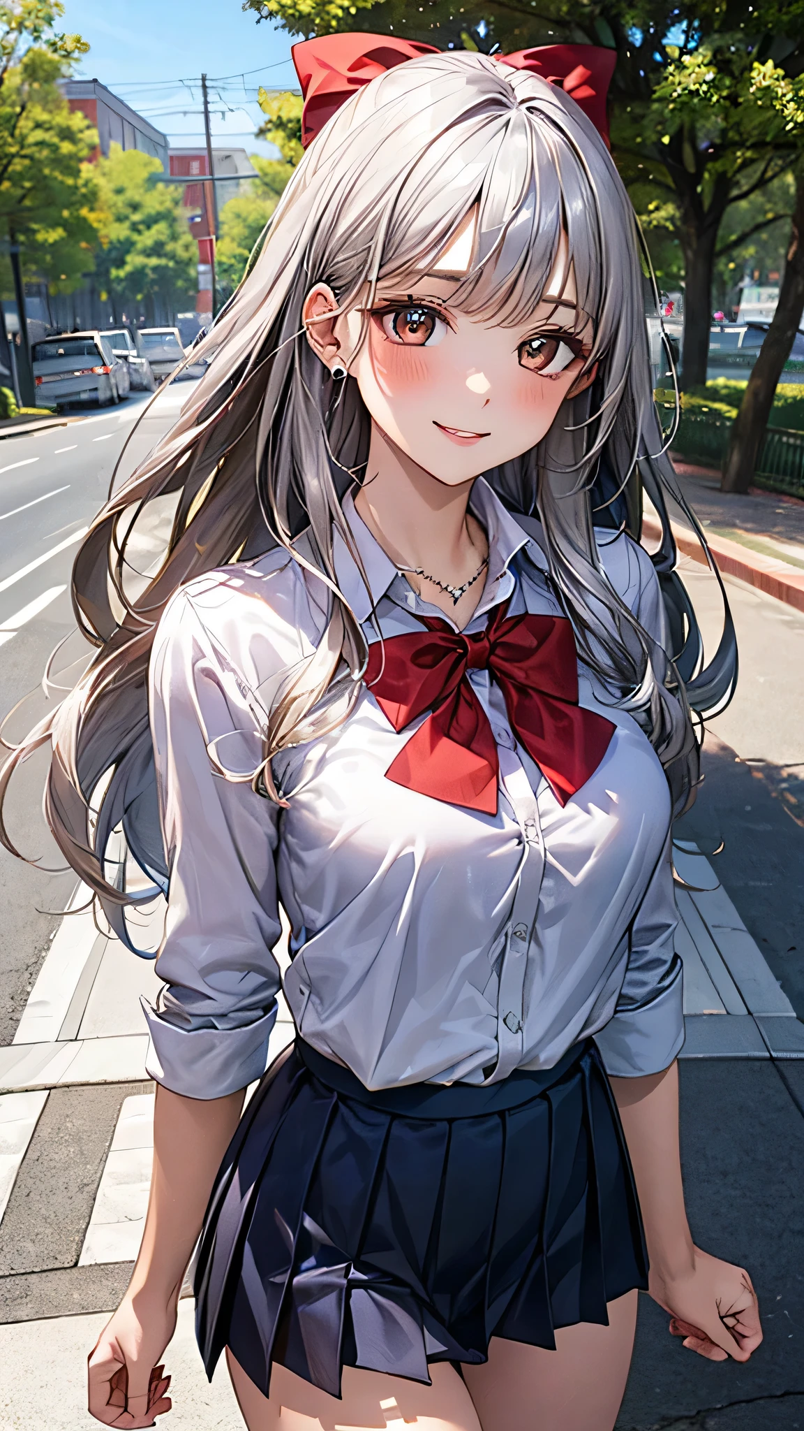 ((Highest quality, High resolution, masterpiece, detailed)),
Cowboy Shot, Written boundary depth, View your audience, Anatomically correct, 1people, woman, Perfect Face, Cute and symmetrical face, Shiny skin,
(Long Hair, Silver Hair), Chestnut brown eyes, (Large Breasts:0.8),
Beautiful details, Beautiful Hair, Beautiful Face, Beautiful clavicle, Beautiful body, Beautiful breasts, Beautiful thighs, Beautiful feet,
(Collared shirt, Navy blue short pleated skirt, Red bow tie, necklace, panties),
(Beautiful views), evening, summer, walk, Tree-lined street, (Cute Smile),