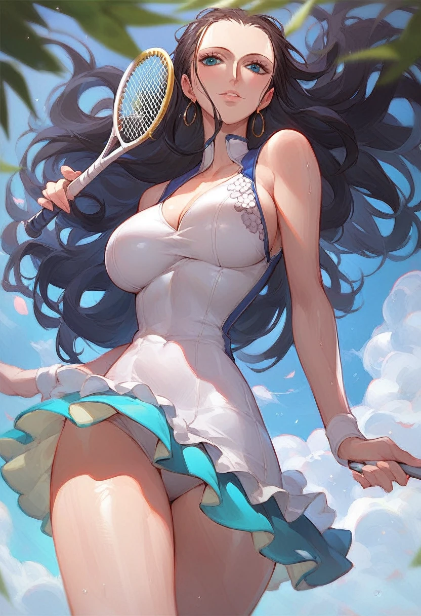 score_9, score_8_up, score_7_up beautiful aesthetic, very intricate, high quality details,sexy tennis girl,girl holding tennis racket,girl wearing tennis clothes,nico robin \(one piece\),source_anime