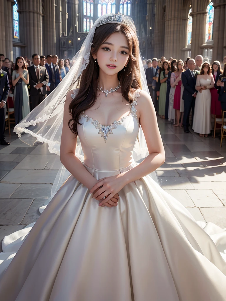 best quality, masterpiece, 1 girl, 5 fingers, long hair, huge laugh, cute teen, shiny lips, sweet, sun glare, Conservative attire, wedding dress, bridal tiara, depth of field, blurred background, Cathedral Background, light particles, strong wind, head tilt