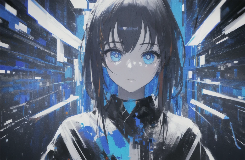 masterpiece, Highest quality, (Alexio:1.5), (Brush strokes, oil \(Moderate\):0.9), One girl, (Monochrome:0.6), Abstract, Abstract background, Blue Theme, Backlight, Portraiture, (Blurred:1), (Glitch:1.1), eye