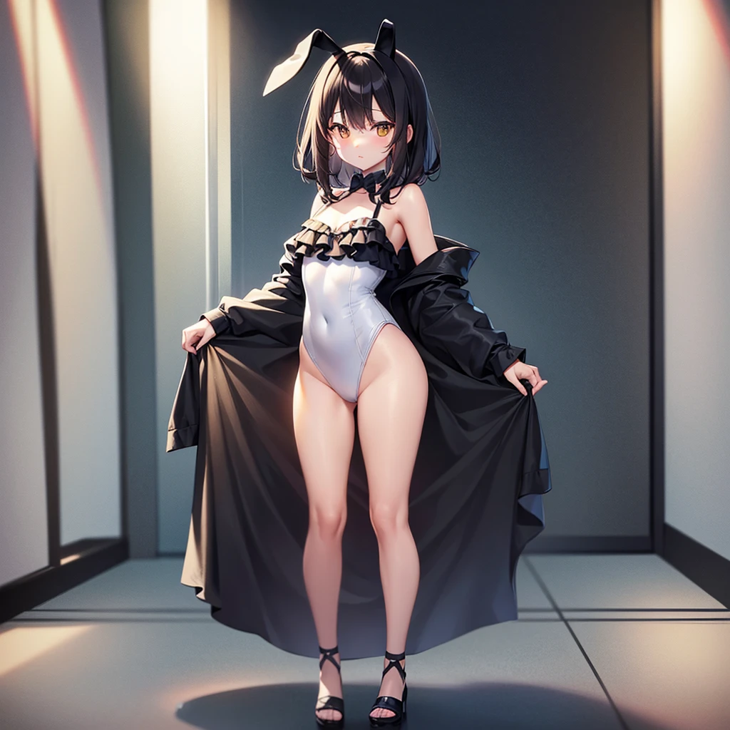 ((Bunny girl)),Cute little ,Tiny ,Small girl,,Childish face, Very fine clean face,Top quality,Black Hair,(Dark Room), Subtle light, Natural light,Soft lighting,Light from directly behind, (Are standing),With bust up,Front view,Black background