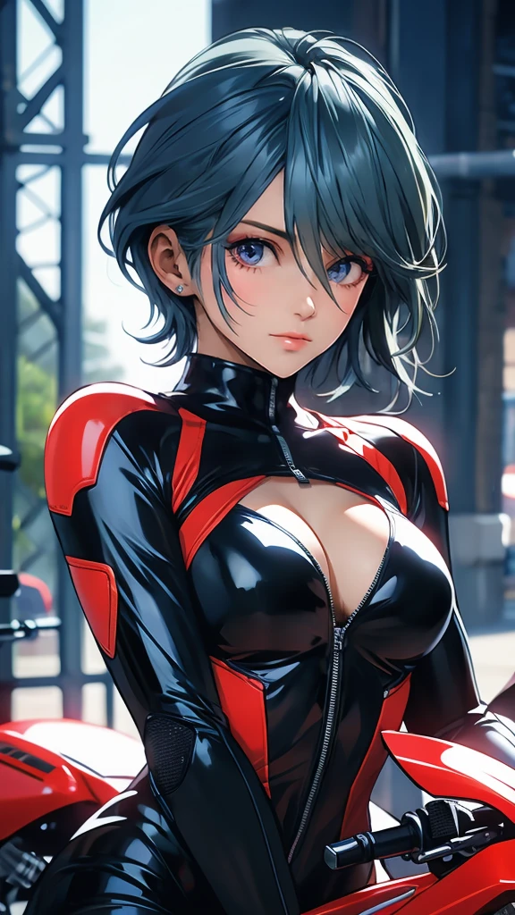 1 Female, Tamaki, short hair, hair between eyes, (detailed eyes:1.3), Rider Suit, cleavage, sport motorcycle,