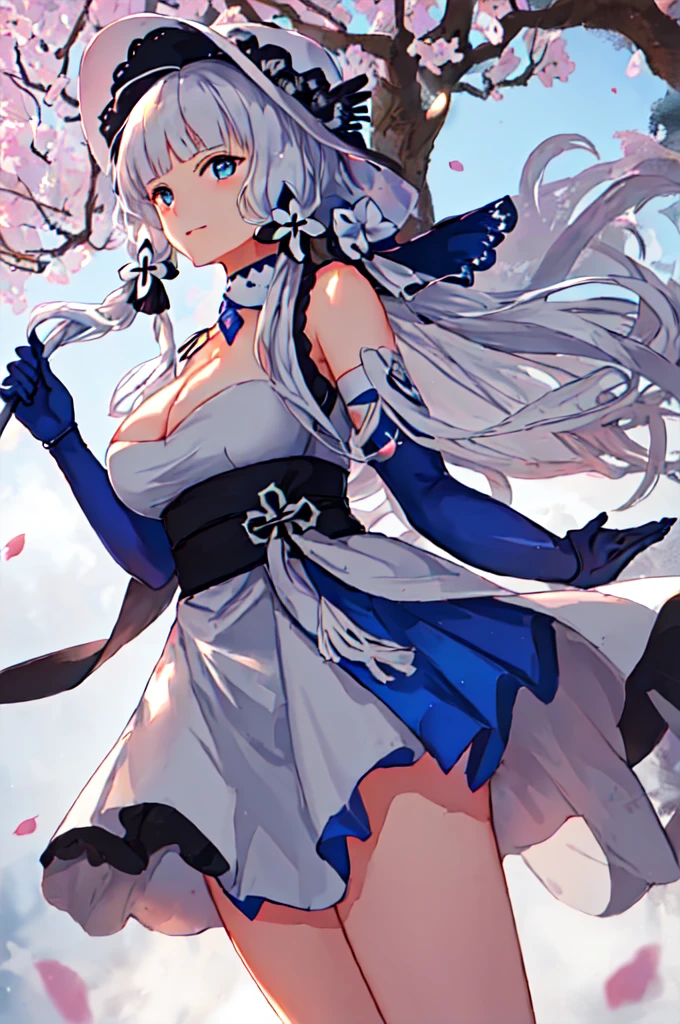 ((illustrious_azurlane)):1.5, ((masterpiece,Highest quality,Highly detailed images,Beautiful images、Dutch Angle)), (In front of the cherry tree、Close-up image of yaemiko、Overall dim lighting、Backlight、Strong backlighting、Fantastic dark atmosphere、Thick Fog、Dust flutters),(Dynamic pose)1.2, Beautiful cleavage、default dress:1.4