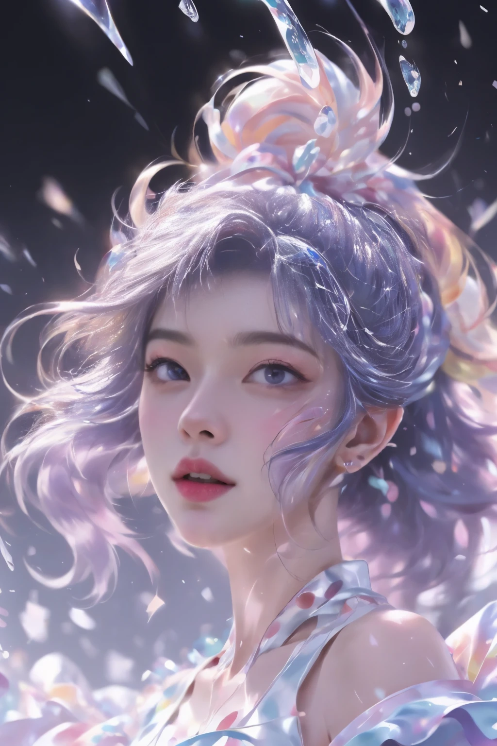 Nashida (masterpiece), (best quality), (Extremely detailed),(Messy hair),(illustration), (1 Girl), Beautiful and delicate eyes,Delicate and beautiful face,floating,(High Saturation),(Colorful splash),Colored bubbles,(shining),Focus on the face, 