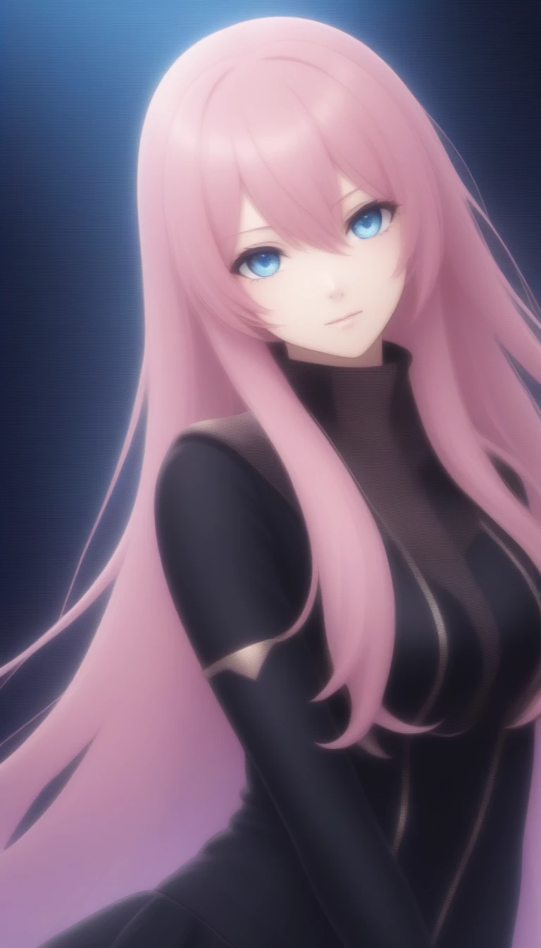 Official Art:1.5,１Man Beautiful Adult Woman,Vocaloid Megurine Luka:2.0,Pink long hair,blue eyes,Big Breasts,Megurine Luka&#39;s official black and gold costume,lure,bed, 