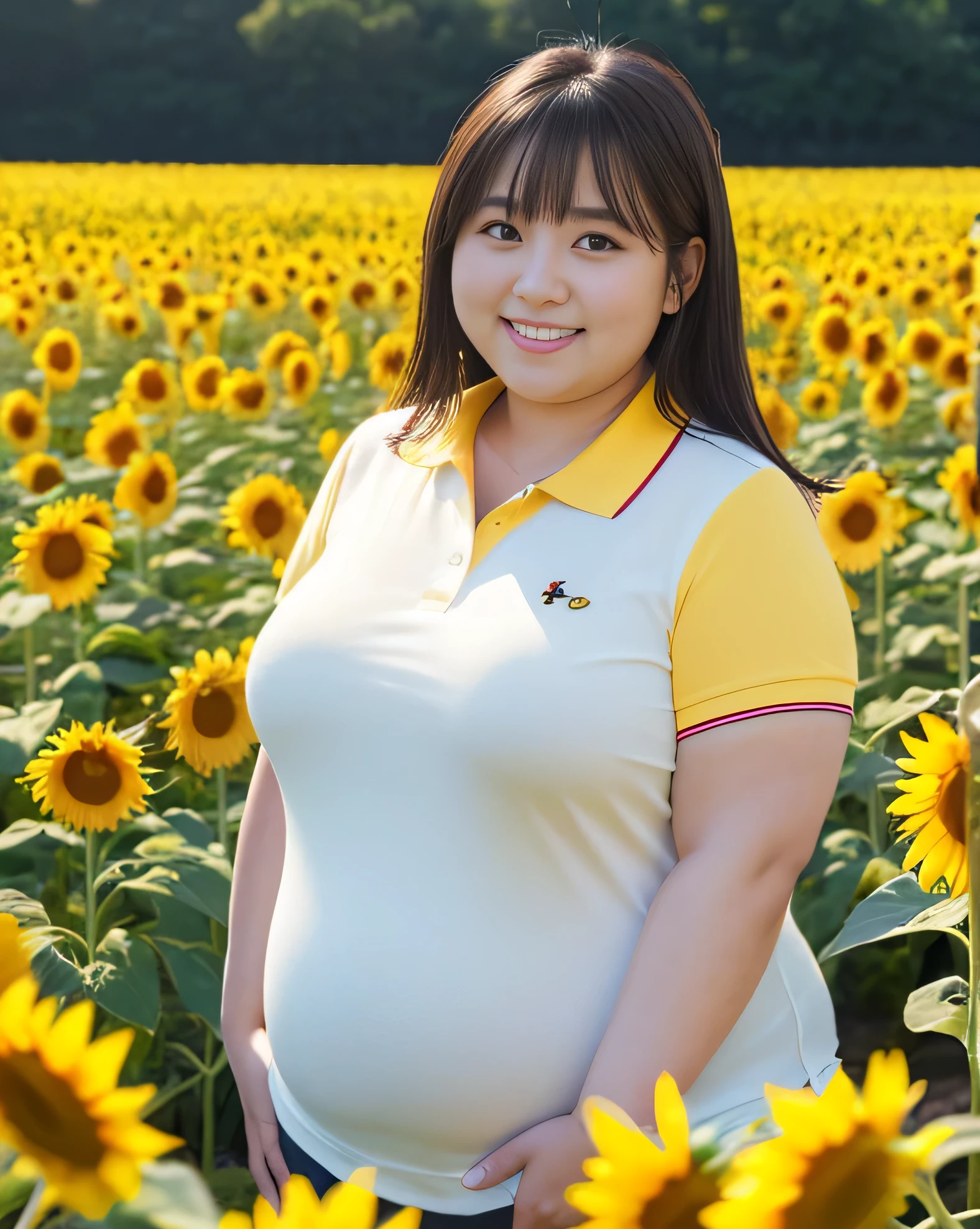 ((8K)), highest quality, 超High resolution, (High resolution), 1 girl, Overweight, ((Extremely fat)), ((Chubby)), ((polo shirt)), Japanese, sunflower field, ((twinkle smile))
