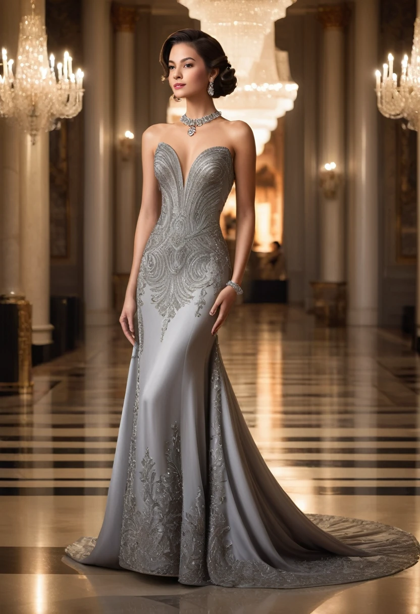 Full length"A young woman in a beautiful and elegant light grey evening gown at a formal event. She is wearing a uniquely designed and stunning dress, complemented by luxurious jewelry and accessories. The background features a grand and lavish hall with warm, inviting lighting, showcasing a scene of splendor and beauty."