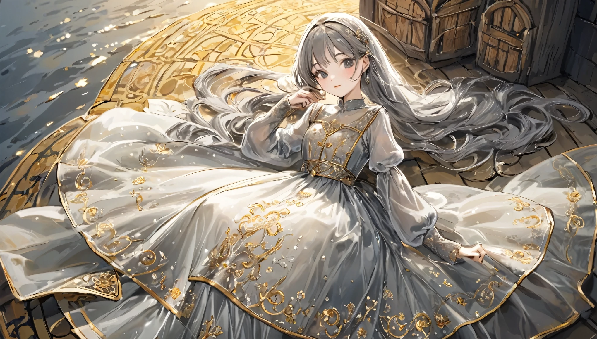 girl, Gold and silver embroidery, White-gray pearl medieval long dress（With panniers）, Translucent fabric, Pull up the dress by hand, Strong winds, Translucent slip, Grey translucent tights, Peeking from below, Highest quality, Disorder of clothing, sit