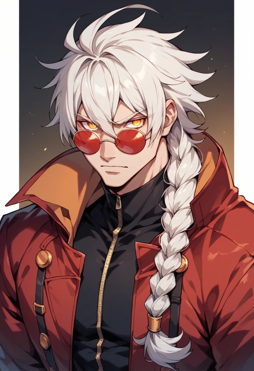 Blazblue ,human Male  ,Round red Sunglasses  , white hair,long braided ,zip Red Coat  , Black shirt , yellow pupils 