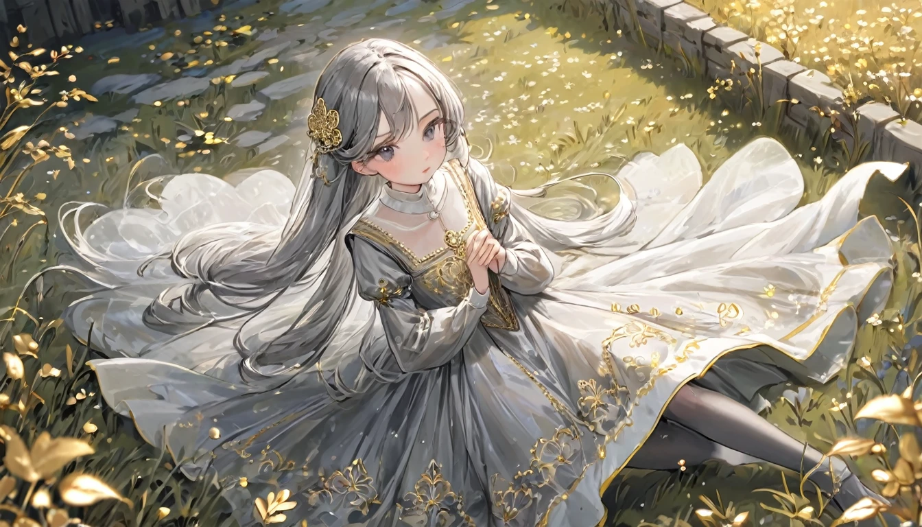 girl, Gold and silver embroidery, White-gray pearl medieval long dress(With panniers), Translucent fabric, Pull up the dress by hand, Strong winds, Translucent slip, Grey translucent tights, Peeking from below, Highest quality, Disorder of clothing, sit