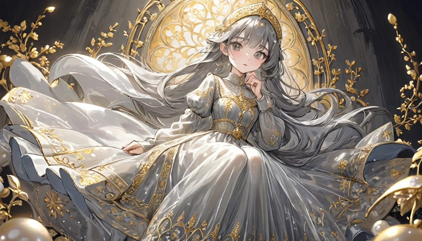 girl, Gold and silver embroidery, White-gray pearl medieval long dress(With panniers), Translucent fabric, Pull up the dress by hand, Strong winds, Translucent slip, Grey translucent tights, Peeking from below, Highest quality, Disorder of clothing, sit