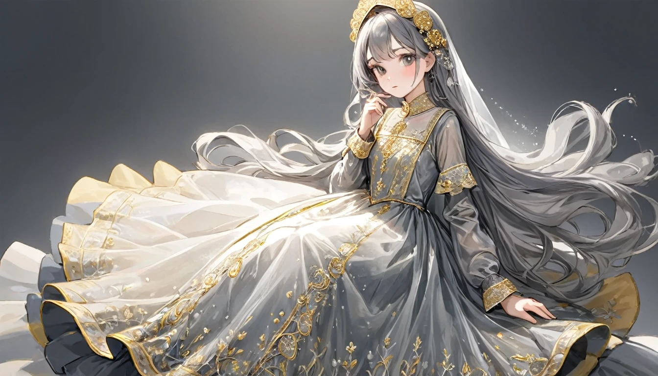 girl, Gold and silver embroidery, White-gray pearl medieval long dress（With panniers）, Translucent fabric, Pull up the dress by hand, Strong winds, Translucent slip, Grey translucent tights, Peeking from below, Highest quality, Disorder of clothing, sit