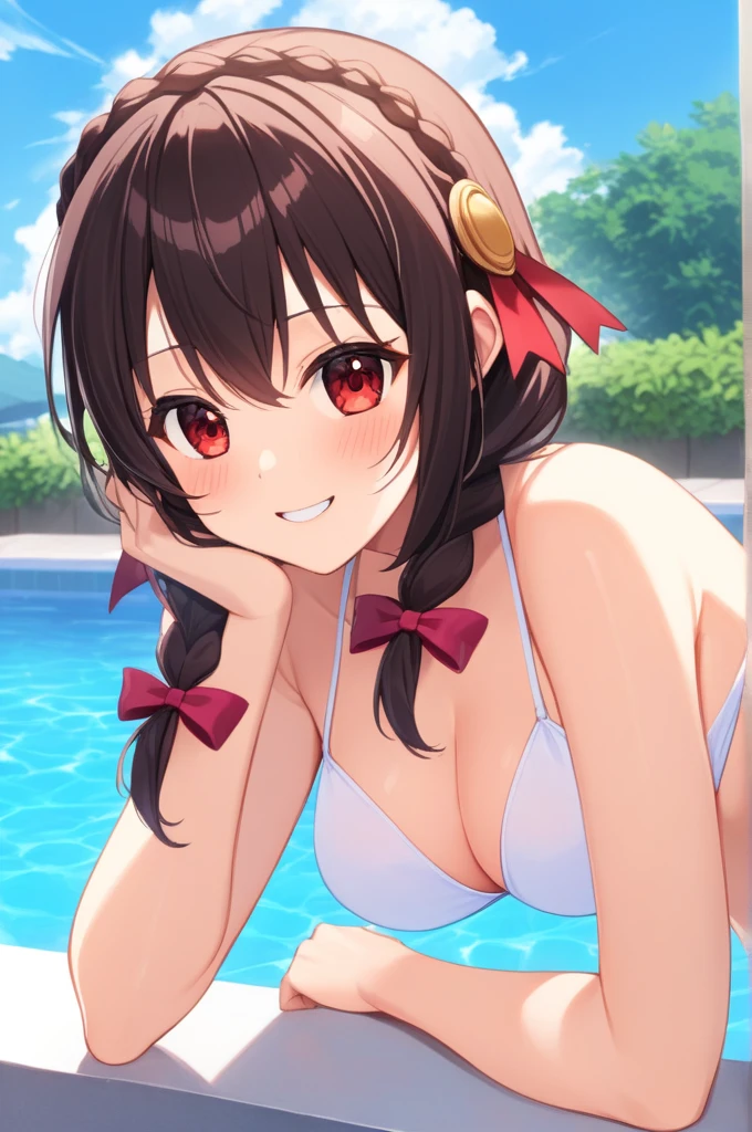 alone, One girl、Crown braids in the same color as your hair, hair ornaments, Hair Ribbon, (White and pink bikini),Red Eyes、Black Hair、(A happy smile:1.2)、(blush:1.2)、C cup breasts、Pool、Get excited、Splash