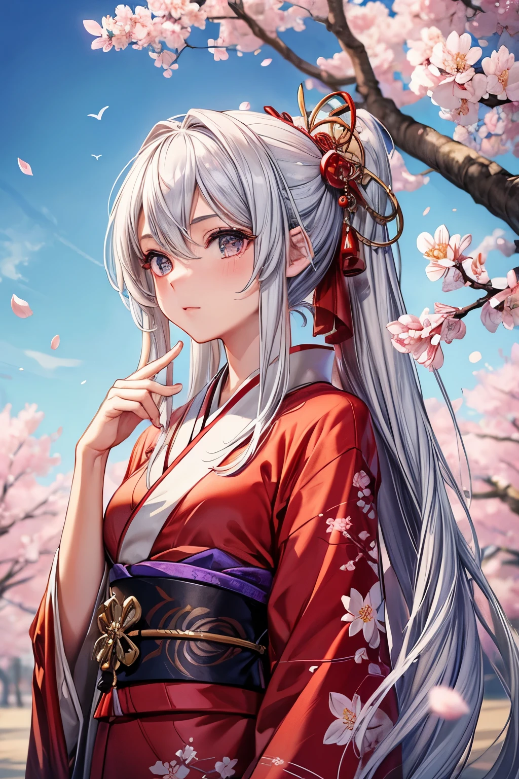 masterpiece,Highest quality,Very detailed,A beautiful girl with silver hair looking up at the sky,Beautiful and detailed eyes,Beautiful red kimono,skinny,Small breasts,cherry blossoms