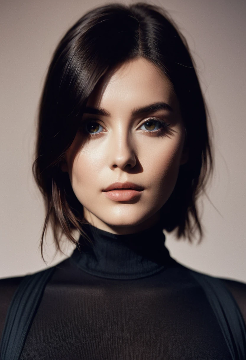 A stunning intricate full color portrait, wearing a black turtleneck, epic character composition, by ilya kuvshinov, alessio albi, nina masic, sharp focus, natural lighting, subsurface scattering, photoshoot, photo studio, RAW photo, editorial photograph, film stock photograph, cinematic, posing, amateur photo, analog, raw, f2, 35mm, an (amateur photo), flash photography, taken on an old camera, polaroid, 8k, highly detailed, (high quality, best quality:1.3), Extremely high-resolution, film grain, long (waist-length:1.2), ((macro lens)), dark atmosphere, ((focused on eyes)), feminine expressions, photography, dslr, 35mm, Fujifilm Superia Premium 400, Nikon D850 film stock photograph, Kodak Portra 400 f1.6 lens, 8k, UHD,