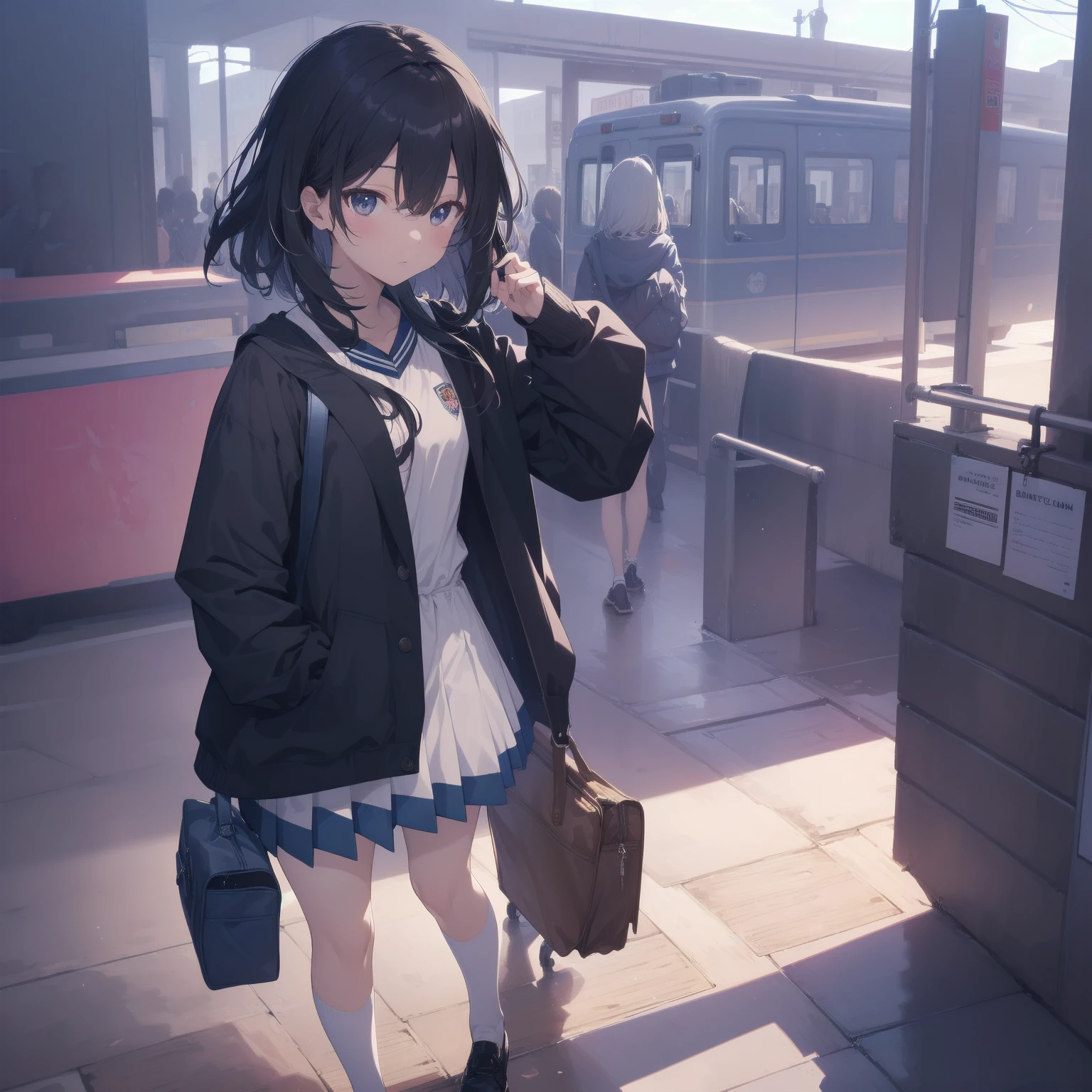 ultra-absurdres-Top quality by artist God, ultra-detailed, high resolution, anime moe artstyle, best anime 8k konachan wallpaper, pixiv contest winner, pool:2810, perfect anatomy,break, 1girl, (Please draw a girl walking sleepily to school alone. )break,(Solo,little female, 13-year-old:1.3),Full limbs, complete fingers,a junior high school student, (very short hair), short cut, flat chest, , small butt, small black eyes, beautiful detailed eyes, well-proportioned iris and pupils, expressive eyes, highres detailed hair, soft expression, salor school_uniform, sailor collar, serahuku, bow, pleated skirt,(Detailed Lighting), (Detailed background), in the School commute route. break,super detailed skin, Best cinematic lighting powered by famous artist, 8k,beauty illustration,photoshop_(medium),very aesthetic,break,((artist:gomashio_(goma_feet) )), artist:clamp ,artist:carnelian ,artist:kantoku ,