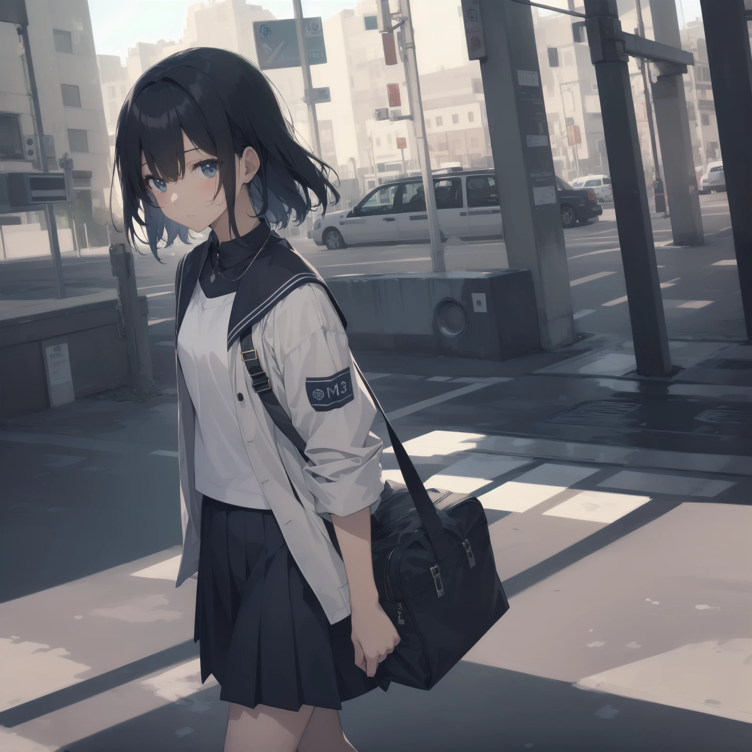 ultra-absurdres-Top quality by artist God, ultra-detailed, high resolution, anime moe artstyle, best anime 8k konachan wallpaper, pixiv contest winner, pool:2810, perfect anatomy,break, 1girl, (Please draw a girl walking sleepily to school alone. )break,(Solo,little female, 13-year-old:1.3),Full limbs, complete fingers,a junior high school student, (very short hair), short cut, flat chest, , small butt, small black eyes, beautiful detailed eyes, well-proportioned iris and pupils, expressive eyes, highres detailed hair, soft expression, salor school_uniform, sailor collar, serahuku, bow, pleated skirt,(Detailed Lighting), (Detailed background), in the School commute route. break,super detailed skin, Best cinematic lighting powered by famous artist, 8k,beauty illustration,photoshop_(medium),very aesthetic,break,((artist:gomashio_(goma_feet) )), artist:clamp ,artist:carnelian ,artist:kantoku ,