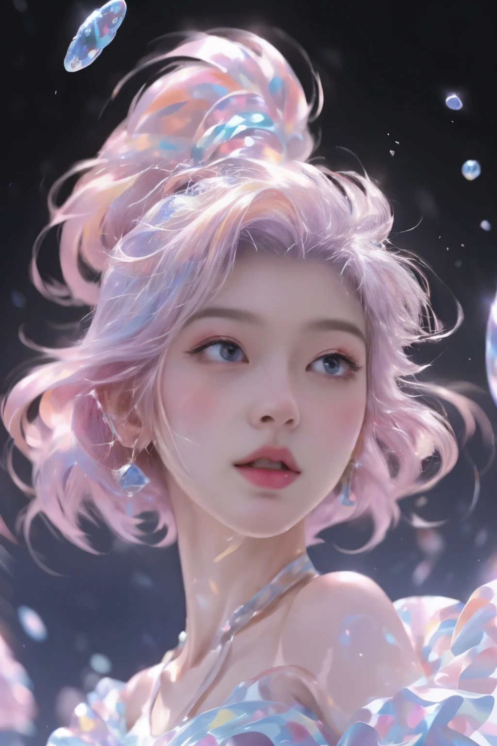 Nashida (masterpiece), (best quality), (Extremely detailed),(),(illustration), (1 Girl), Beautiful and delicate eyes,Delicate and beautiful face,floating,(High Saturation),(Colorful splash),Colored bubbles,(shining),Focus on the face