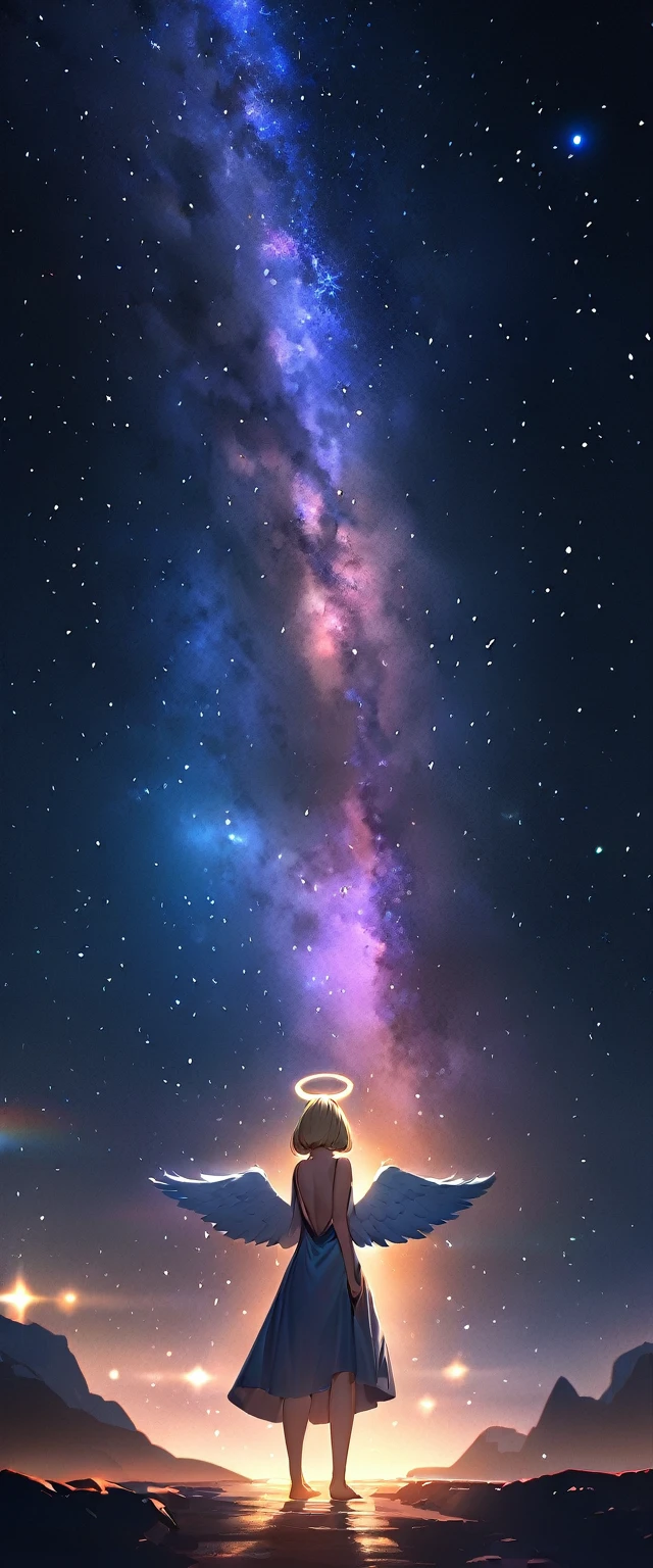 (((A meteor shower dancing in the night sky, countless stars twinkling in the clear air, a beautiful starry sky, the Milky Way shining beautifully in the night))), flying, (((with big angel wings on back))), halo, backless dress, looking up, mountain, wide shot, back shot, a girl, bob cut, bare legs, bare foot, blond hair, (best quality, 4K, 8K, highres, masterpiece:1.2, ultra-detailed, HDR, uhd, studio lighting, ultra-fine painting, sharp focus, physically-based rendering, extreme detail description, professional, vivid colors, bokeh)