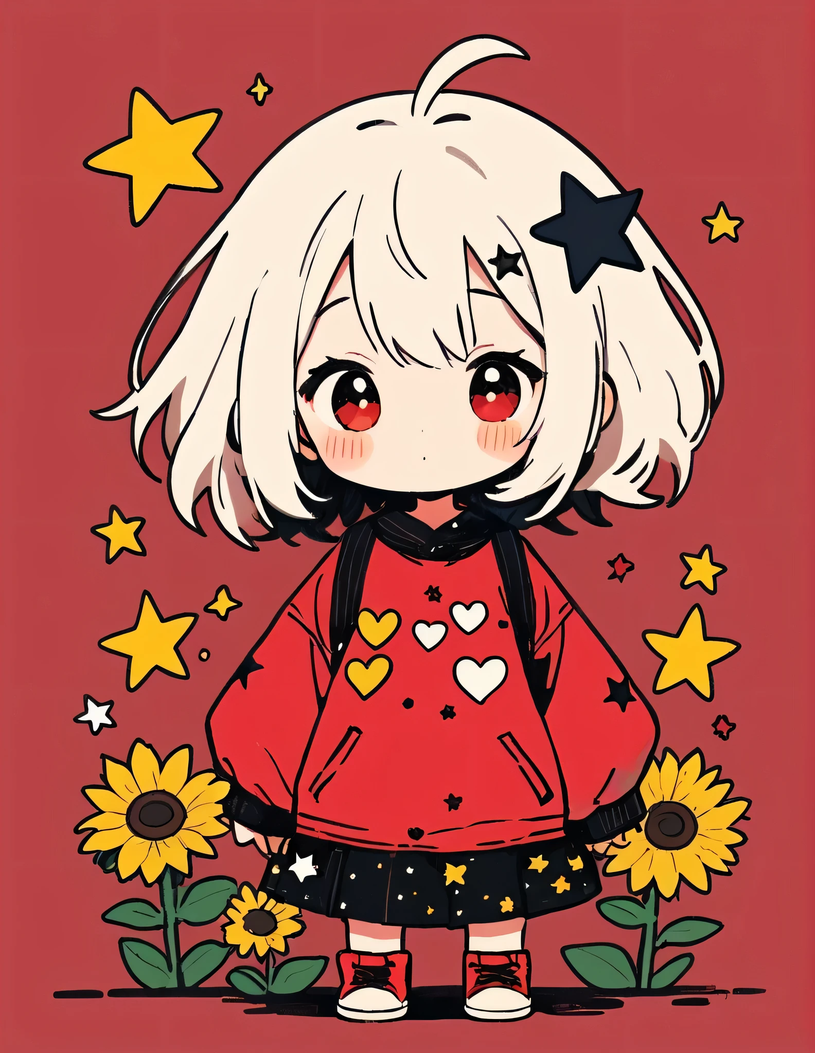 Black Star Red and White style, Simple Line Initialism，Abstract art，Kawaii Design, The most beautiful girl of all time、chibi, The background is star dust, colorful hearts, sunflowers, 