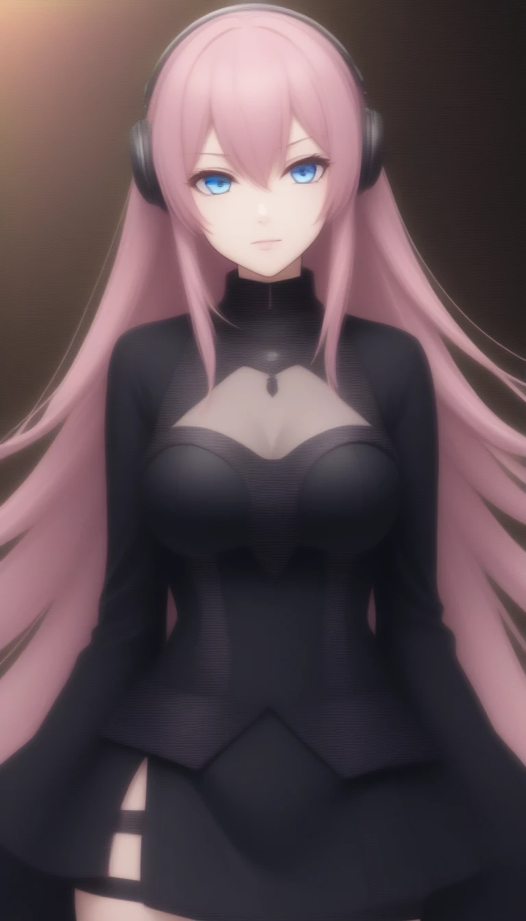 Official Art:1.5,1Man Beautiful Adult Woman,Vocaloid Megurine Luka:2.0,Pink long hair,blue eyes,Big Breasts,Megurine Luka's official black and gold costume,lure,bed,