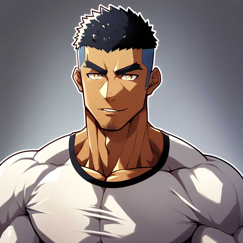 anime characters:Gyee, Muscle Sports Student, negro black skin, 1 dark skin muscular tough guy, Manliness, male focus, Light yellow high collar long sleeve tight T-shirt, Slightly transparent material, Very tight, Round, full and perky chest muscles, Slightly transparent, muscular male, muscular, only, Upper body, alone, Black short hair, Thick eyebrows, stubble, Yellow eyes, Grey background, simple background, amazing quality, best aesthetics, Ridiculous, bright pupils, crew cut, parted lips, seductive smile, torogao, naughty face, drop shadow, best quality