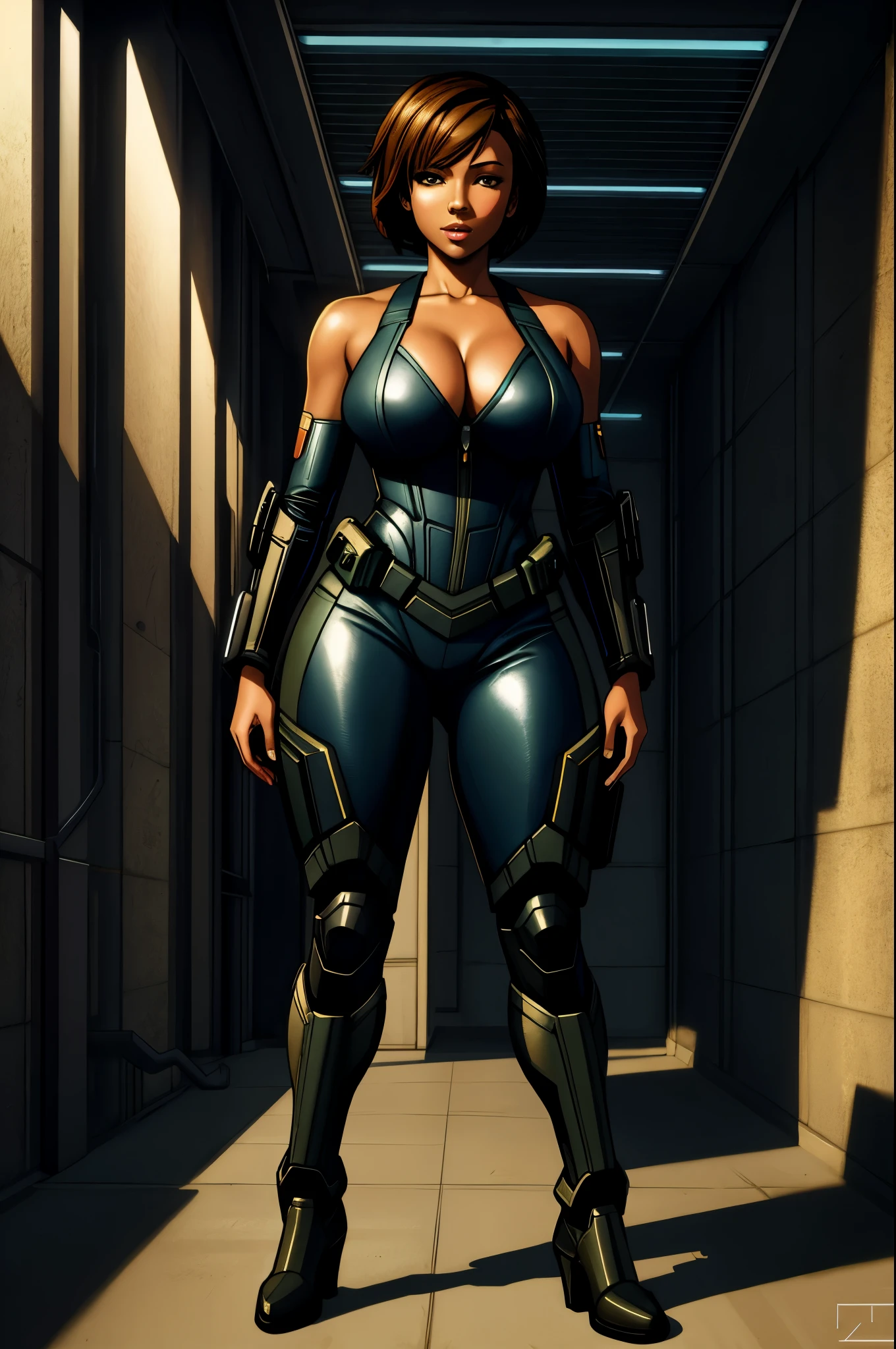 full body portrait of a beautiful young Congolese lady, short hair, (sci-fi:1.2), masterpiece, intense shadows, ambient light, illustration, (thick outlines:1.2), cartoon, highres, drawn by Inoue Takehiko, (Yoji Shinkawa:0.9), Jakub Rozalski, (kuvshinov:1)