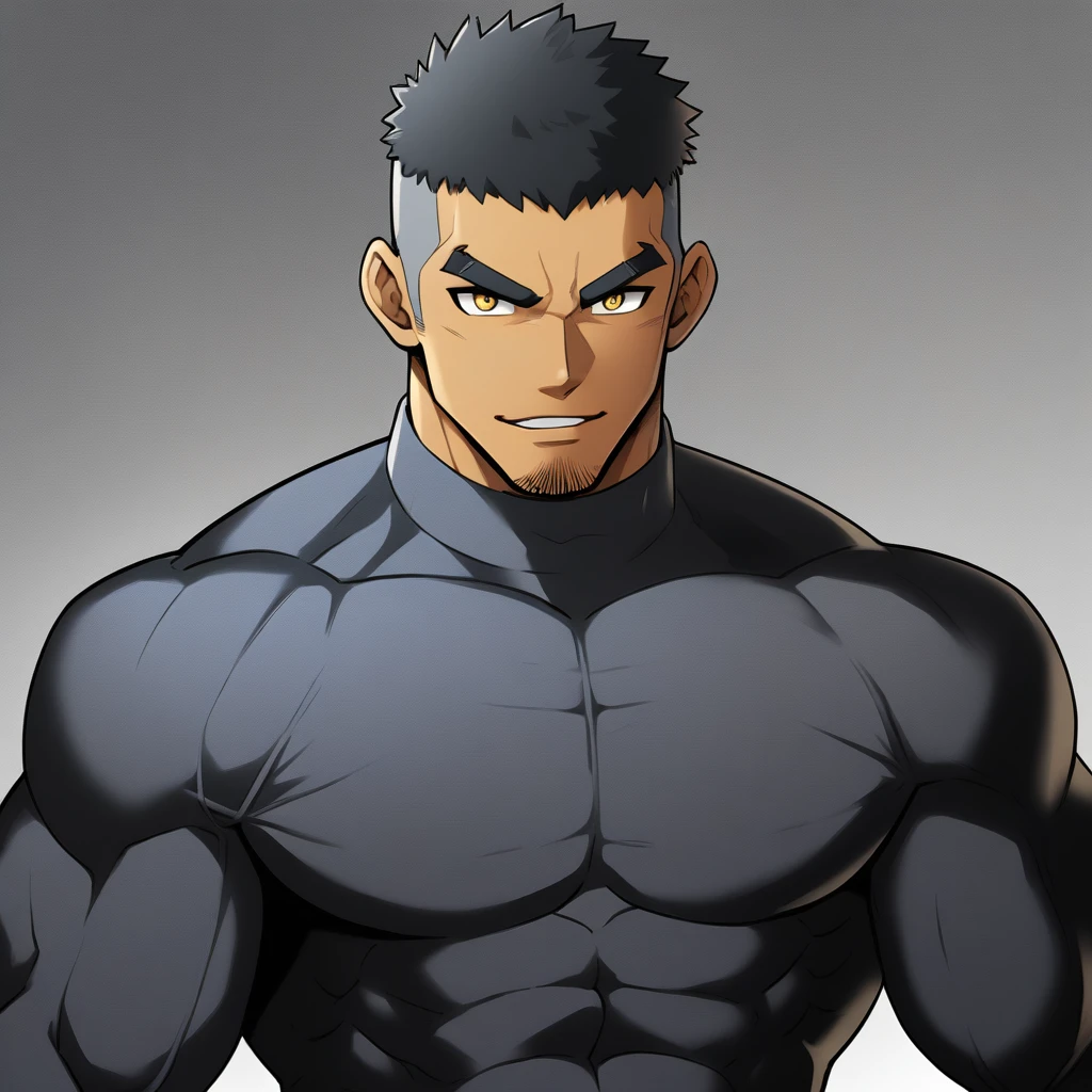 anime characters：Gyee, Muscle Sports Student, negro black skin, 1 dark skin muscular tough guy, Manliness, male focus, Dark grey high collar long sleeve wetsuit, Matte texture, Very tight, Round, full and perky chest muscles, Slightly transparent, muscular male, muscular, only, Upper body, alone, Black short hair, Thick eyebrows, stubble, Yellow eyes, Grey background, simple background, amazing quality, best aesthetics, Ridiculous, bright pupils, crew cut, parted lips, seductive smile, torogao, naughty face,  best quality