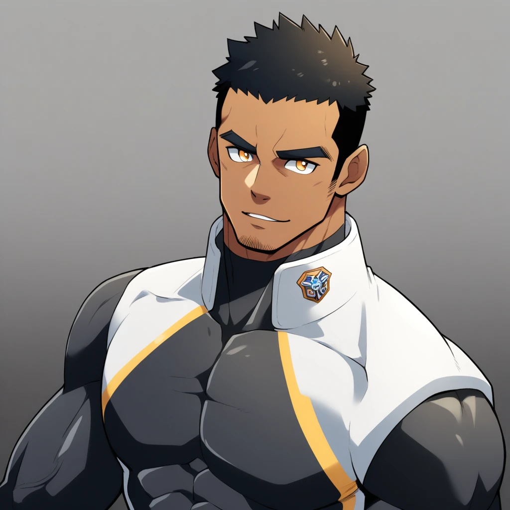 anime characters:Gyee, Muscle Sports Student, negro black skin, 1 dark skin muscular tough guy, Manliness, male focus, Dark grey high collar long sleeve wetsuit, Matte texture, Very tight, Round, full and perky chest muscles, Slightly transparent, muscular male, muscular, only, Upper body, alone, Black short hair, Thick eyebrows, stubble, Yellow eyes, Grey background, simple background, amazing quality, best aesthetics, Ridiculous, bright pupils, crew cut, parted lips, seductive smile, torogao, naughty face, best quality